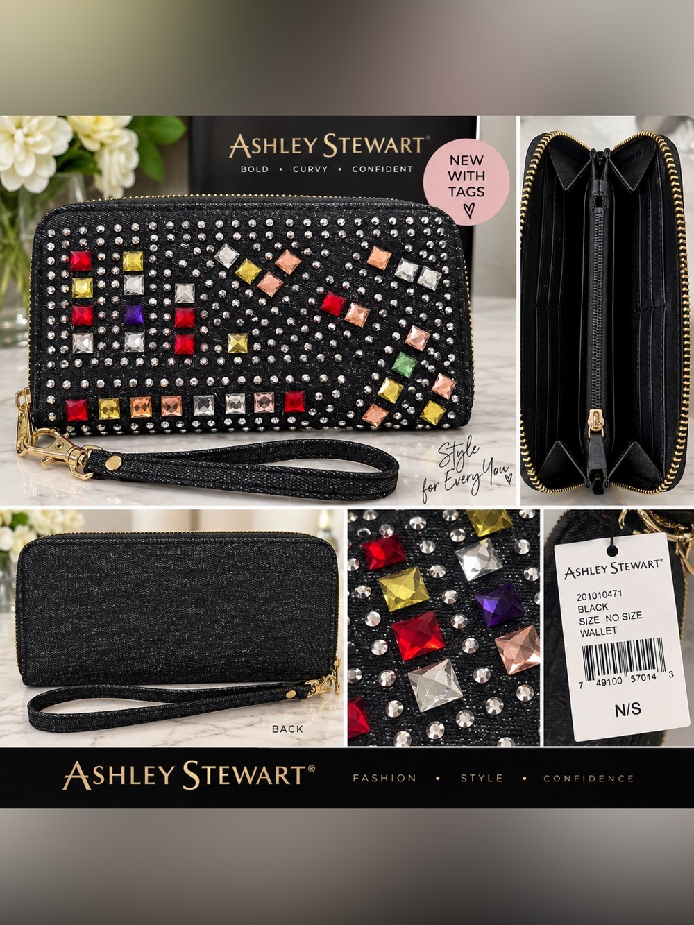 🖤 Ashley Stewart Washed Black Rhinestone & Gem Wristlet Wallet NWT